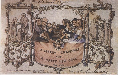 A Christmas postcard from the 1840s featuring an illustration of a family at a table and a headline of "A Merry Christmas and a Happy New Year to You".