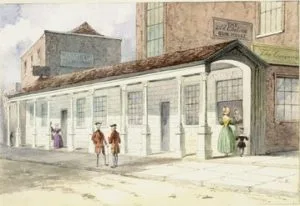 Painting of the interior of the Chelsea Bun House in 1838.