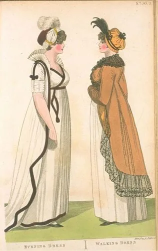 Ackermann's Repository 1808 Full dress on the left; walking dress on the right.