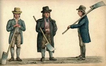 Three farm labourers waiting to be hired for work