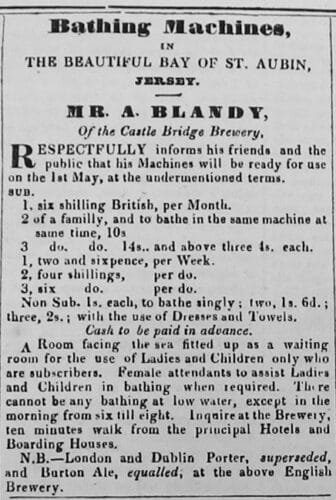 Advertisement for bathing machines in Jersey from Le Constitutionnel 28 April 1838