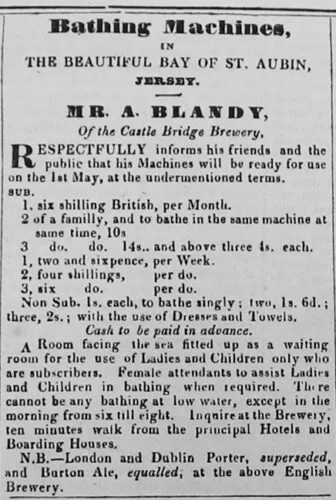 Advertisement for bathing machines in Jersey from Le Constitutionnel 28 April 1838