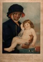 Martha Gunn, a Brighton bather holding a small child that she has just saved from drowning.