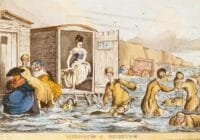 Depicts women sea-bathing with bathing machines at Brighton.