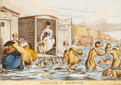Depicts women sea-bathing with bathing machines at Brighton.
