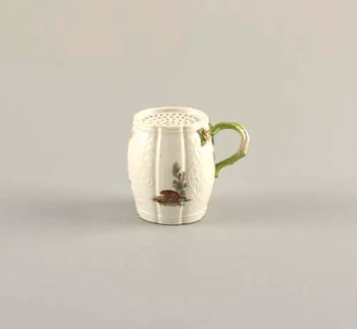 Pounce Pot (Germany), mid- 18th century; Sand shaker painted with birds and beaver.