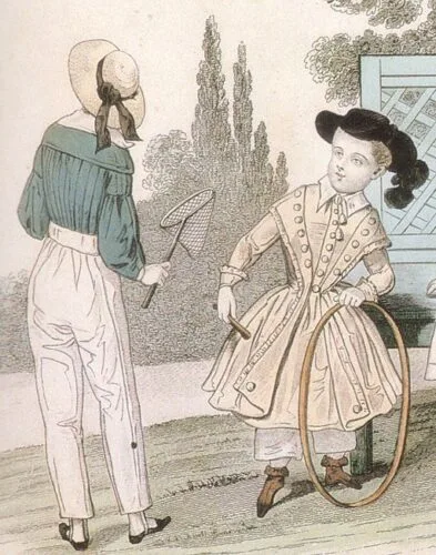 Detail of fashion plate from Petit Courier des Dames, 1841, showing boys clothing: a later skeleton suit on the left, and a knee-length dress with trousers or pantalettes