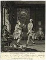 A satire on pretensions to be fashionable showing an ungainly young man being instructed in dancing by a lithe fashionable teacher, who had curl papers in his hair, one of which is lettered “Newton” and another “Locke on Understanding” and who holds his pupil by the hand, while pointing to his own feet. The pupil has a handkerchief in his pocket and a paper lettered “The Lads a Dunce”. A violinist sits in front to the left, another instrument (described by Stephens as an ear trumpet) leaning against his chair, books, incuding one entitled “The Hornpipe Seriously considered”, lie on the ground at his feet and two kittens play in his violin case. At the back, beneath a paper reading “GROWN Gentlemen taught …”, another pupil wearing spotty stocking, his cane beside him, awaits his turn for a lesson while his feet are held in a trough forcing them to turn out. On the wall behind is a full-length picture of an elegant dancier. 27 June 1767 Etching and engraving
