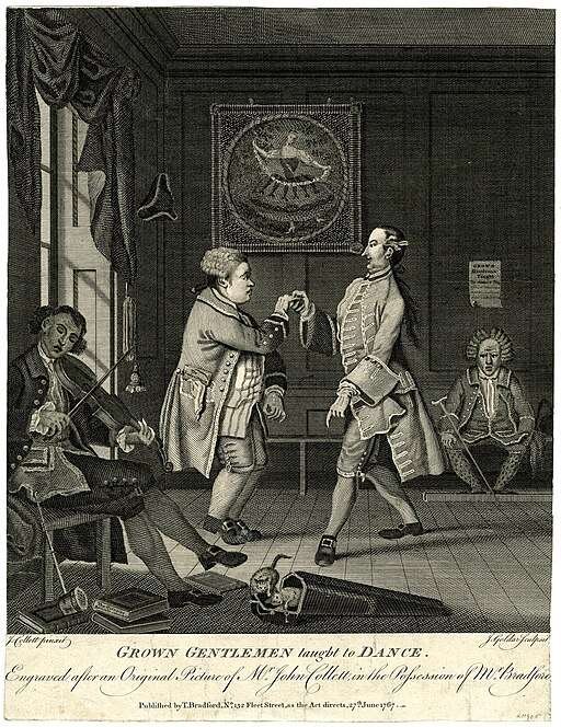 A satire on pretensions to be fashionable showing an ungainly young man being instructed in dancing by a lithe fashionable teacher, who had curl papers in his hair, one of which is lettered “Newton” and another “Locke on Understanding” and who holds his pupil by the hand, while pointing to his own feet. The pupil has a handkerchief in his pocket and a paper lettered “The Lads a Dunce”. A violinist sits in front to the left, another instrument (described by Stephens as an ear trumpet) leaning against his chair, books, incuding one entitled “The Hornpipe Seriously considered”, lie on the ground at his feet and two kittens play in his violin case. At the back, beneath a paper reading “GROWN Gentlemen taught …”, another pupil wearing spotty stocking, his cane beside him, awaits his turn for a lesson while his feet are held in a trough forcing them to turn out. On the wall behind is a full-length picture of an elegant dancier. 27 June 1767 Etching and engraving