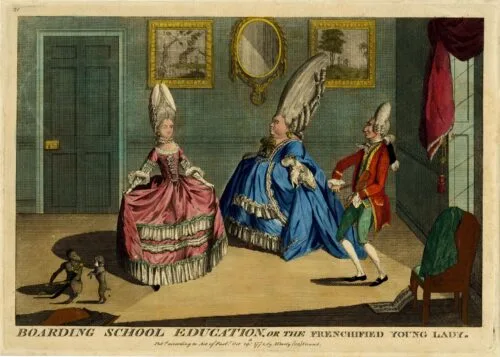 Satire on fashionable female education: a young woman dances while her dancing master plays on a small fiddle (a kit); an older, very fat, woman, dances beside him; all have elaborate hairstyles. In the foreground a monkey plays with a bow on a sword while a puppy dances in its hind legs. 19 October 1771