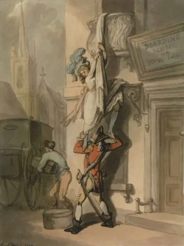Illustration of Clementina Clerke eloping with Richard Vining Perry a small boarding school in Park Street, Bristol, 1790