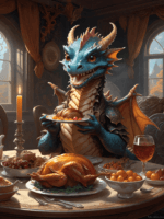 Blue dragon sitting at a dinner table set with a thanksgiving feast