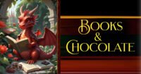 cute red dragon reading books in a garden with a dish of chocolate candy next to a banner with the title 'Books and chocolate'