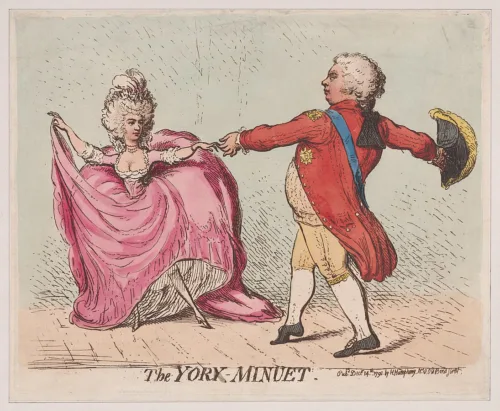 Hand drawn illustration of a saterical Georgian coulple dancing. James Gillray,1971  CC0, via Wikimedia Commons, Public Domain