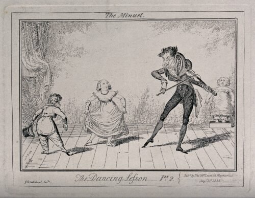 Children learning from a dance master who plays a miniature violin.