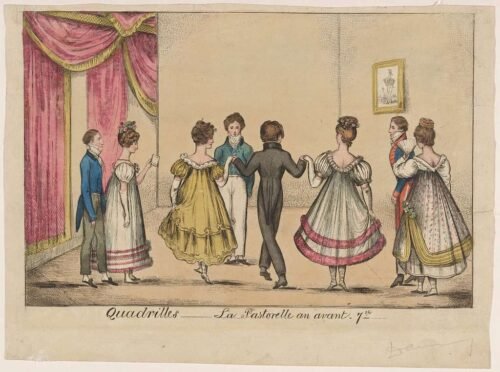 In this 1820’s image of Quadrille dancers, one of the “waiting” women (at left) is clearly looking at her dance instruction card.