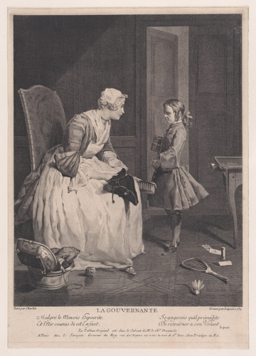 Black and white print of a governess in a nursery with a young male child.
