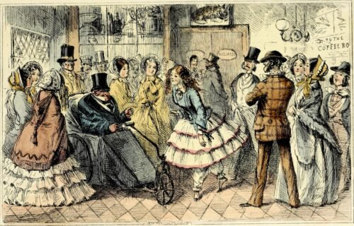 Black and white drawing with colorad accents for a Victorian era group around a man in a black suit sitting in an early wheel chair.