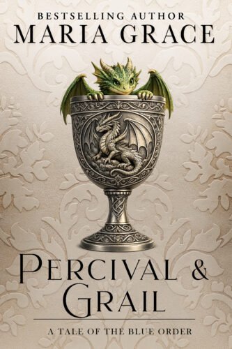 A bookcover featuring a cute green dragon sitting in a pewter grail with the sillouette of a dragon, peeking over the edge.