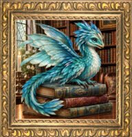 Portrait of a tiny blue, bird-style dragon sitting on a stack of old books with more bookshelves in the background, in an ornate gold frame.