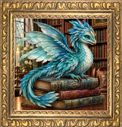 Portrait of a tiny blue, bird-style dragon sitting on a stack of old books with more bookshelves in the background, in an ornate gold frame.
